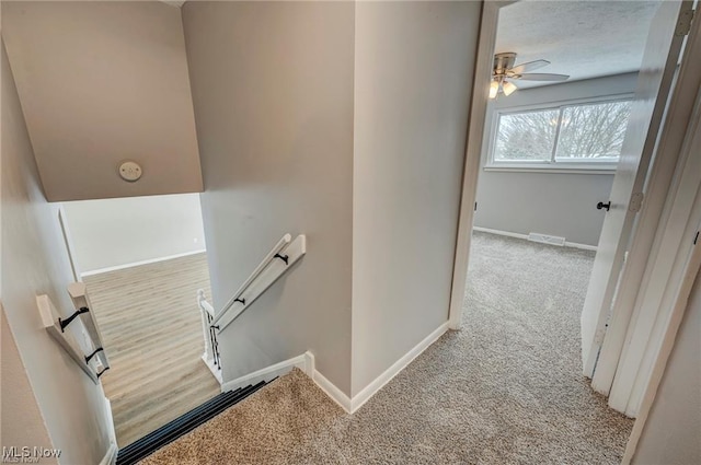 stairway with a textured ceiling, ceiling fan, and carpet flooring