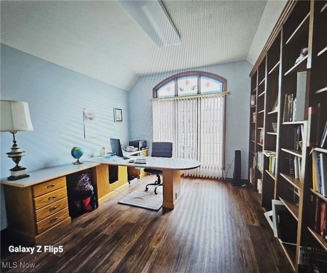 office space with dark hardwood / wood-style flooring and vaulted ceiling