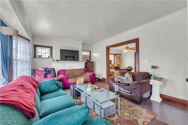 living room featuring crown molding