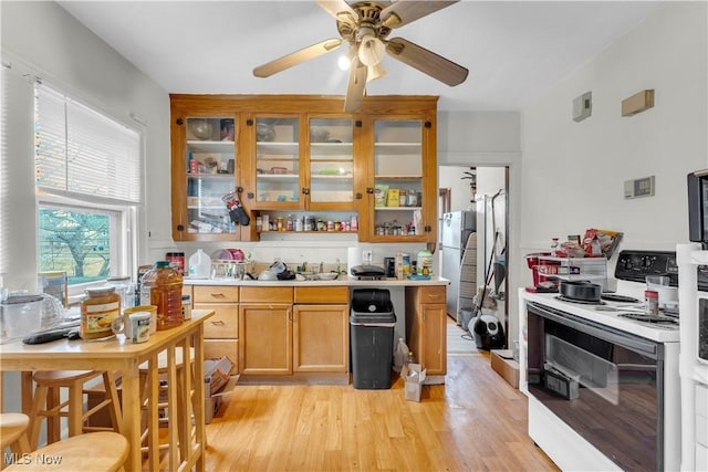 kitchen with stainless steel refrigerator, ceiling fan, light hardwood / wood-style floors, and electric range