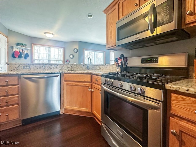 kitchen featuring appliances with stainless steel finishes, a healthy amount of sunlight, a sink, and dark wood-type flooring