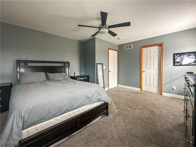 bedroom featuring ceiling fan and carpet flooring