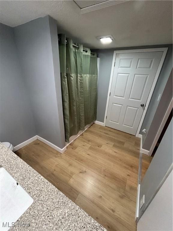 bathroom with hardwood / wood-style floors