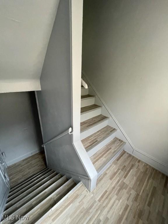 stairway with hardwood / wood-style floors