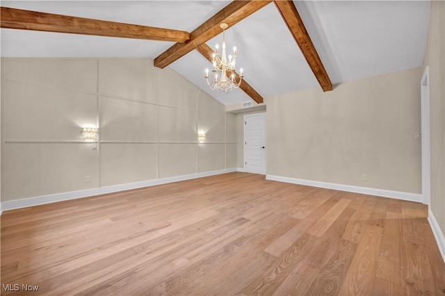 unfurnished living room featuring lofted ceiling with beams, an inviting chandelier, and light hardwood / wood-style flooring