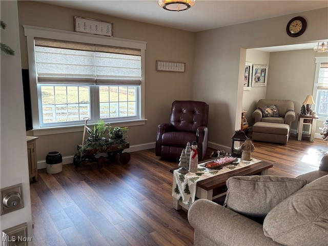 living room with dark wood-type flooring and a healthy amount of sunlight