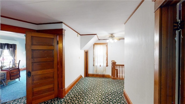 corridor featuring crown molding and carpet