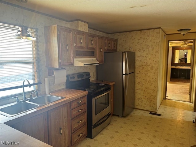 kitchen featuring hanging light fixtures, sink, and appliances with stainless steel finishes