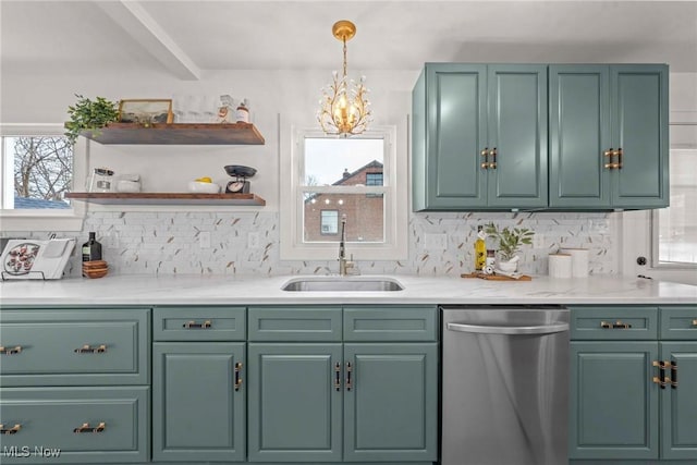 kitchen with decorative light fixtures, sink, backsplash, stainless steel dishwasher, and an inviting chandelier