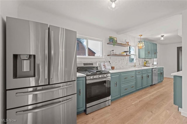 kitchen with tasteful backsplash, appliances with stainless steel finishes, sink, and light hardwood / wood-style floors