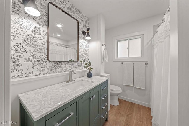 bathroom featuring vanity, hardwood / wood-style floors, and toilet