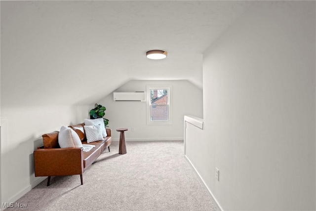 additional living space featuring vaulted ceiling, light carpet, and an AC wall unit