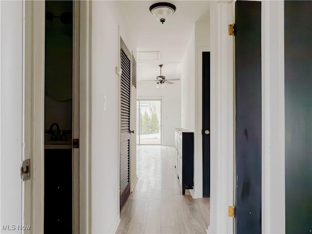 corridor featuring sink and light hardwood / wood-style flooring