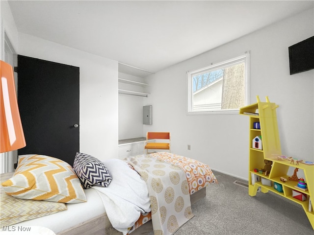 bedroom with electric panel and carpet flooring