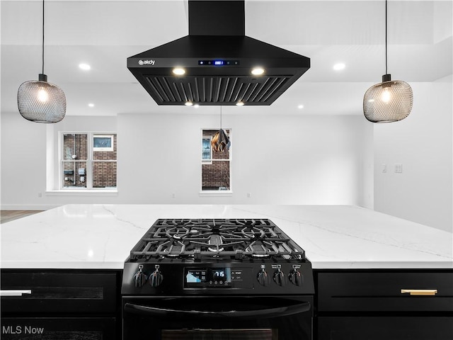 kitchen featuring pendant lighting, light stone countertops, extractor fan, and black gas range oven