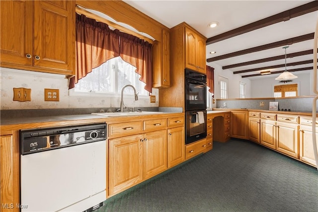 kitchen with beamed ceiling, dishwasher, dark carpet, double oven, and pendant lighting