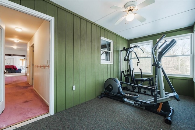 workout room featuring wood walls, ceiling fan, and carpet flooring