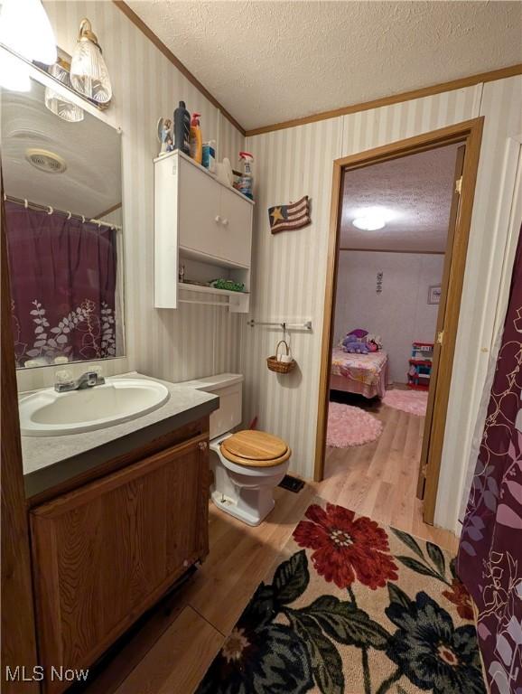 bathroom featuring vanity, hardwood / wood-style floors, crown molding, and a textured ceiling