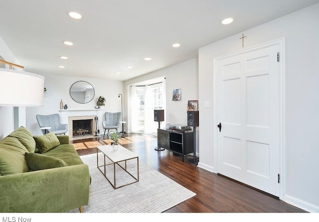 living room with dark hardwood / wood-style floors