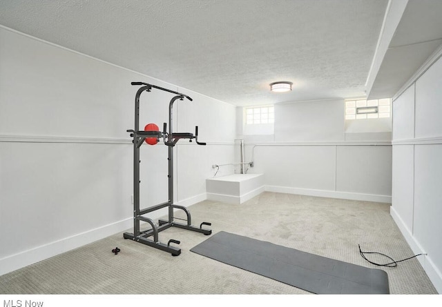 exercise area featuring light carpet and a textured ceiling