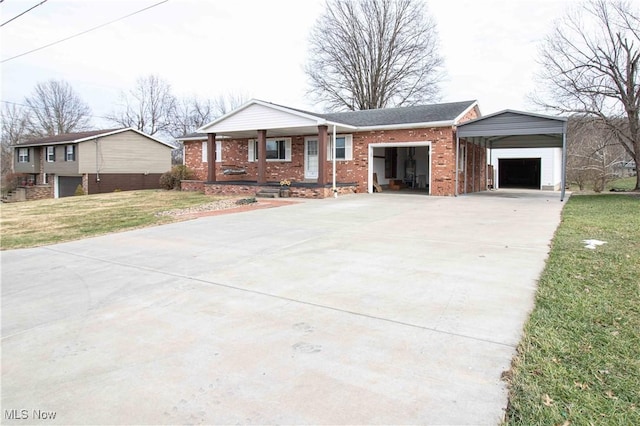 single story home featuring a carport, covered porch, and a front lawn