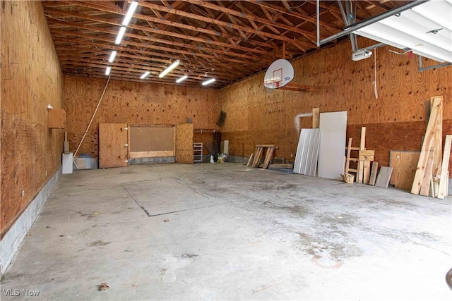 garage with wood walls