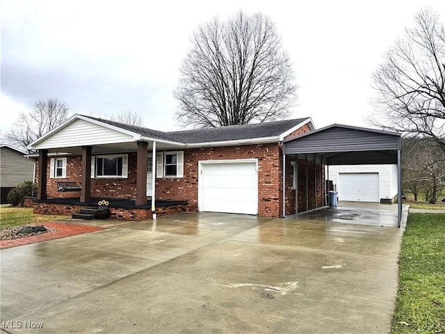 ranch-style house with a garage, a carport, and covered porch