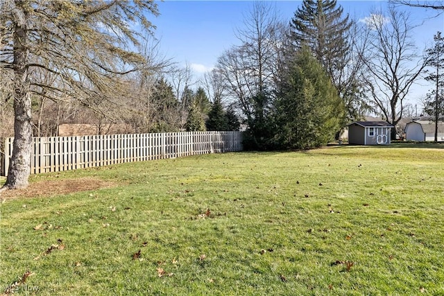 view of yard featuring a storage unit