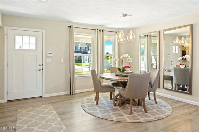 dining area featuring plenty of natural light, a textured ceiling, and light wood-type flooring