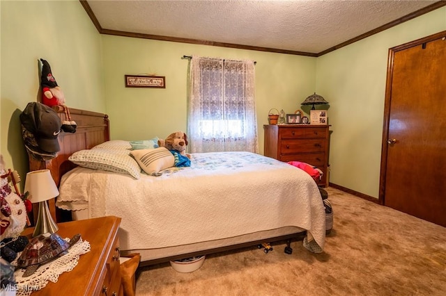 carpeted bedroom featuring ornamental molding and a textured ceiling