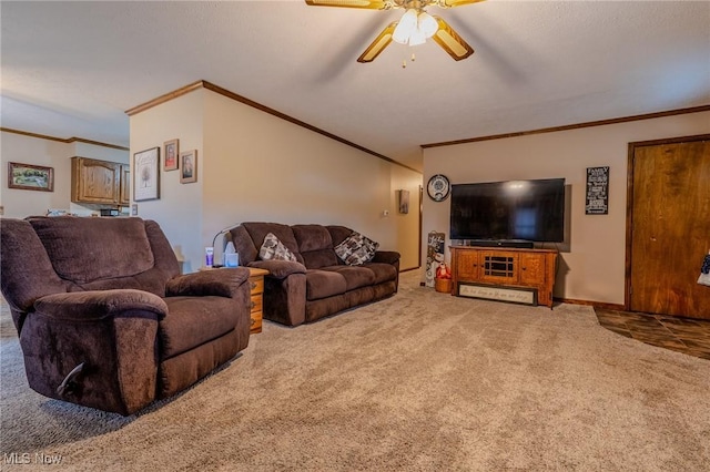 carpeted living room with crown molding and ceiling fan