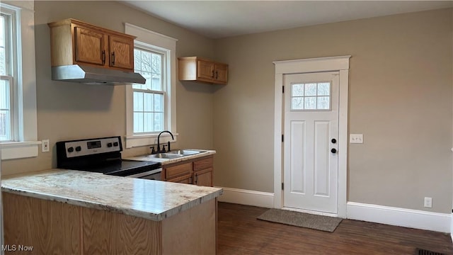 kitchen featuring sink, kitchen peninsula, dark hardwood / wood-style flooring, and stainless steel electric range