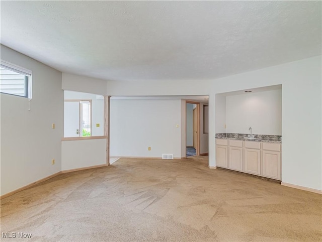 spare room featuring wet bar, light carpet, and a textured ceiling