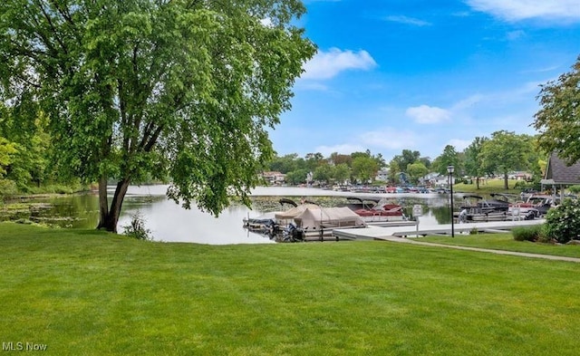 view of home's community featuring a water view and a yard