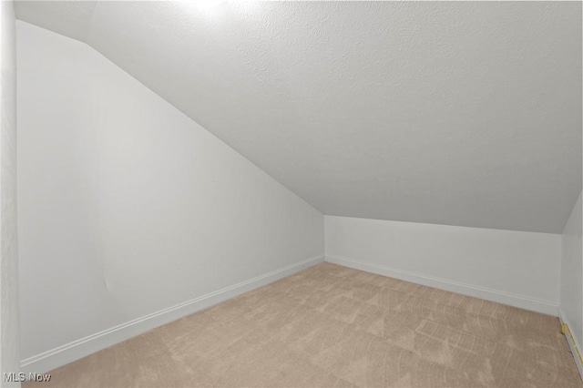 additional living space with vaulted ceiling, light carpet, and a textured ceiling