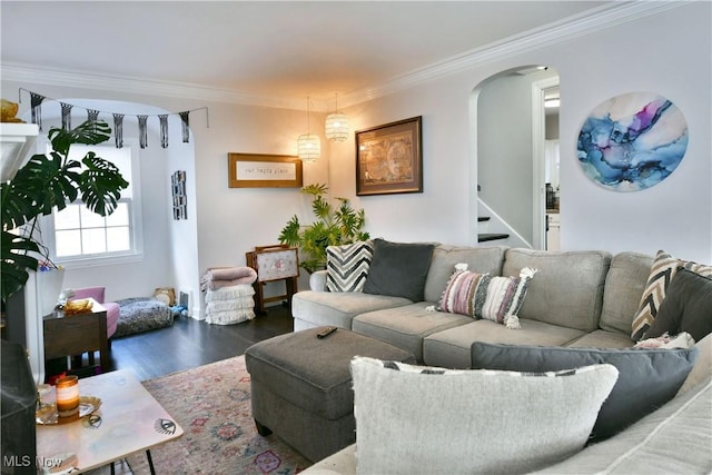 living room featuring crown molding and wood-type flooring