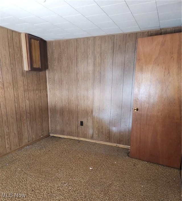 carpeted spare room with wooden walls