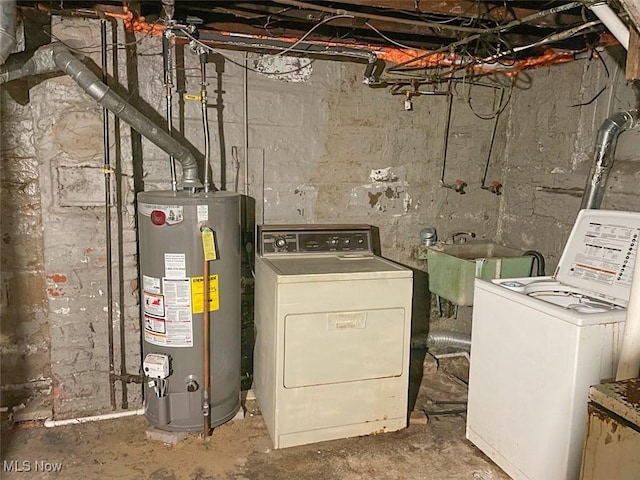 laundry room with laundry area, water heater, and a sink