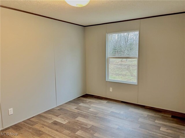 empty room featuring light hardwood / wood-style flooring, ornamental molding, a textured ceiling, and plenty of natural light