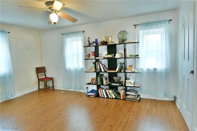 misc room featuring hardwood / wood-style flooring, a wealth of natural light, and ceiling fan