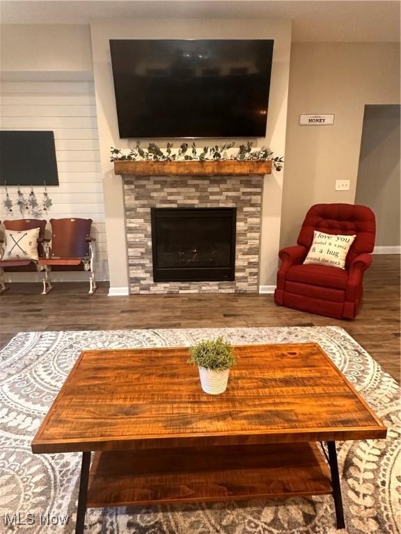 living room with hardwood / wood-style floors and a stone fireplace