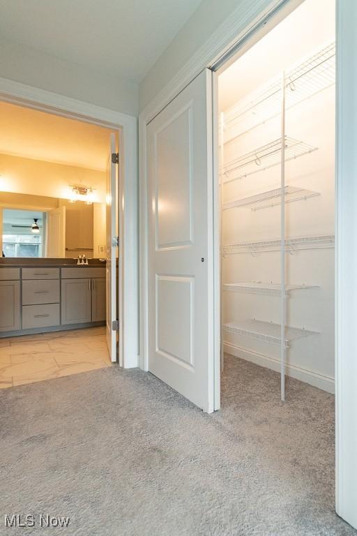 hallway featuring sink and light carpet