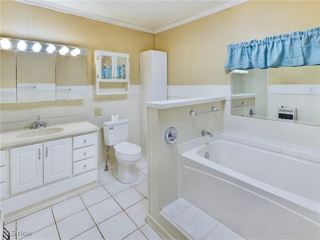 bathroom featuring a tub to relax in, tile patterned flooring, ornamental molding, vanity, and toilet