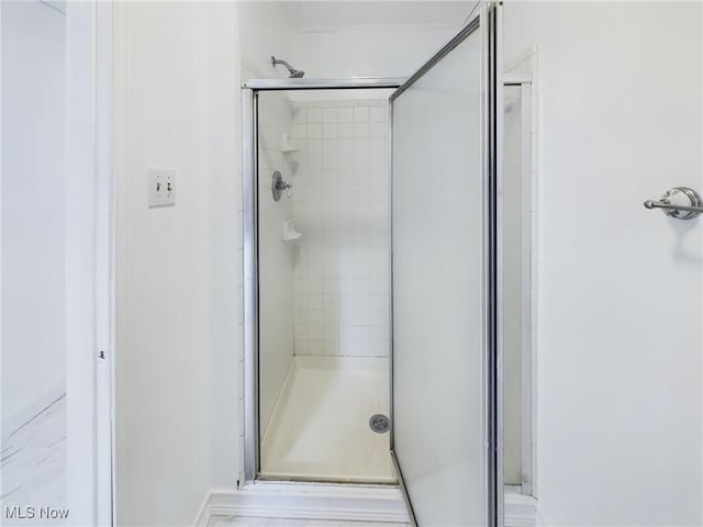 bathroom featuring a shower with door