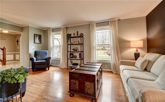 living room with ornamental molding and light hardwood / wood-style floors