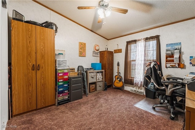 5178 Brocade Rd SE, Amsterdam, OH 43903 - carpeted home office featuring ceiling fan, lofted ceiling, ornamental molding, and a textured ceiling