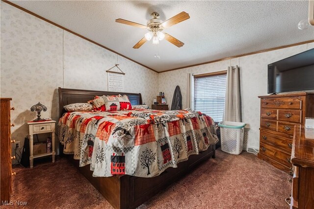 5178 Brocade Rd SE, Amsterdam, OH 43903 - carpeted bedroom featuring crown molding, lofted ceiling, ceiling fan, and a textured ceiling