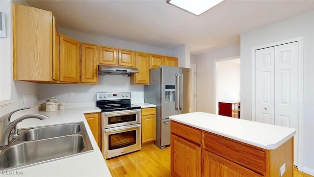 kitchen featuring appliances with stainless steel finishes, light hardwood / wood-style floors, sink, and a kitchen island