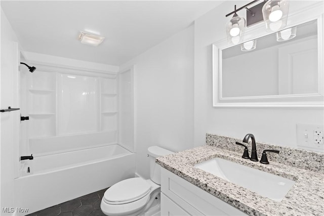 full bathroom featuring vanity, shower / tub combination, tile patterned floors, and toilet