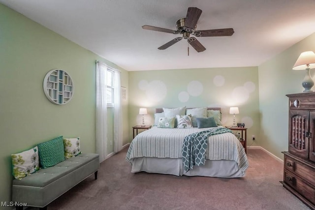 bedroom with ceiling fan and carpet flooring